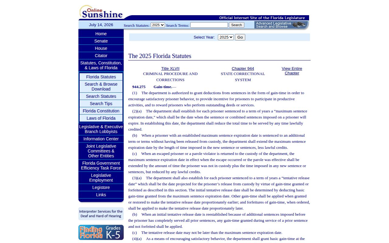 Florida gain-time statute for Washington County projected release dates
